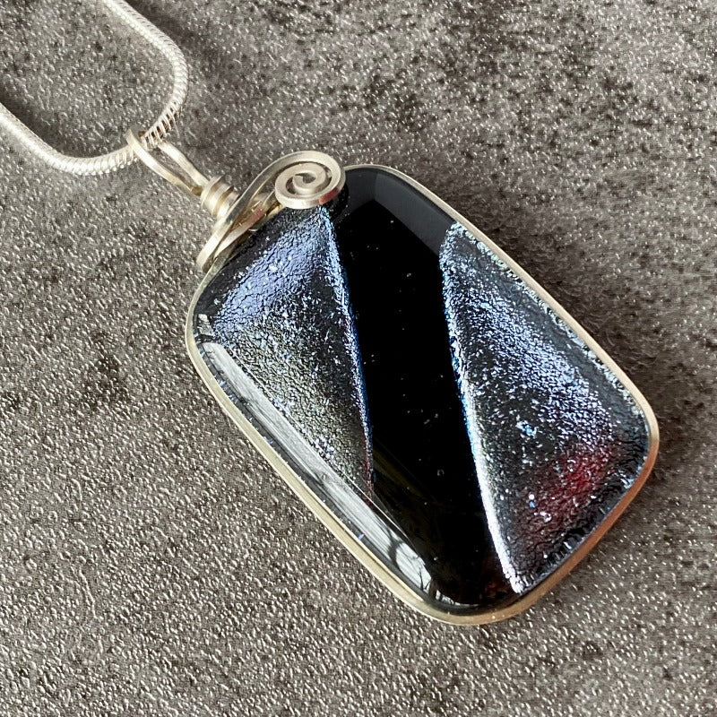 Silver Elegance, Silver Black Dichroic Glass Necklace, Silver