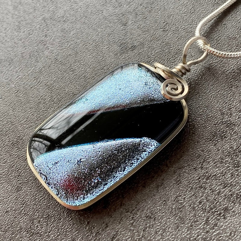 Silver Elegance, Silver Black Dichroic Glass Necklace, Silver