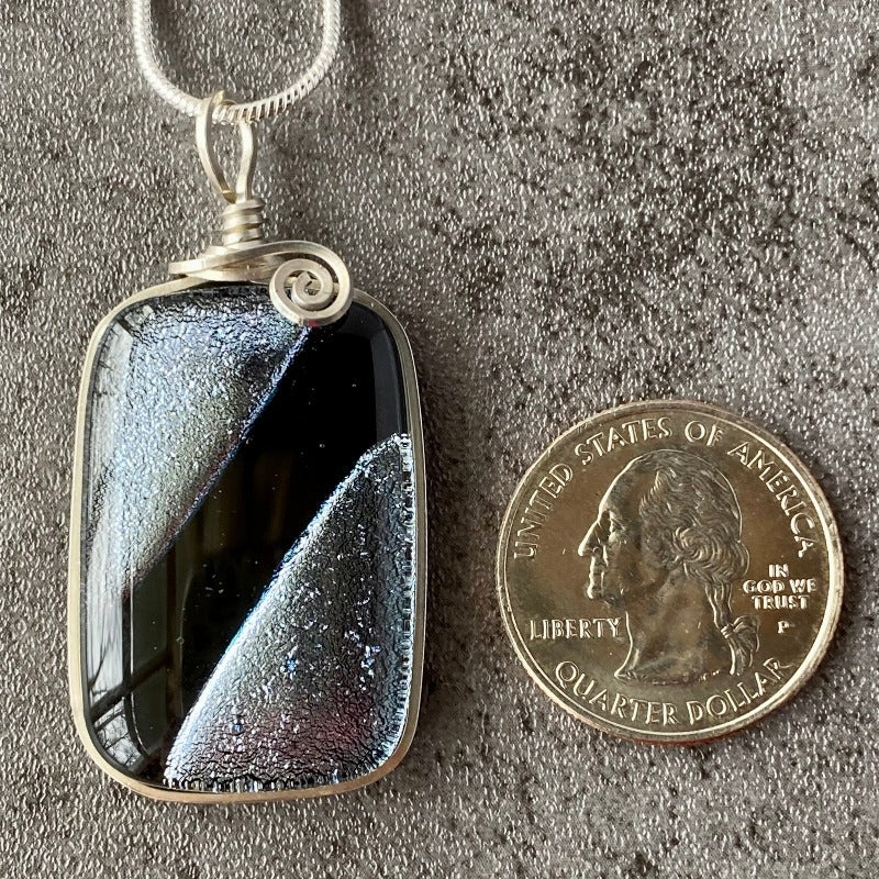 Silver Elegance, Silver Black Dichroic Glass Necklace, Silver