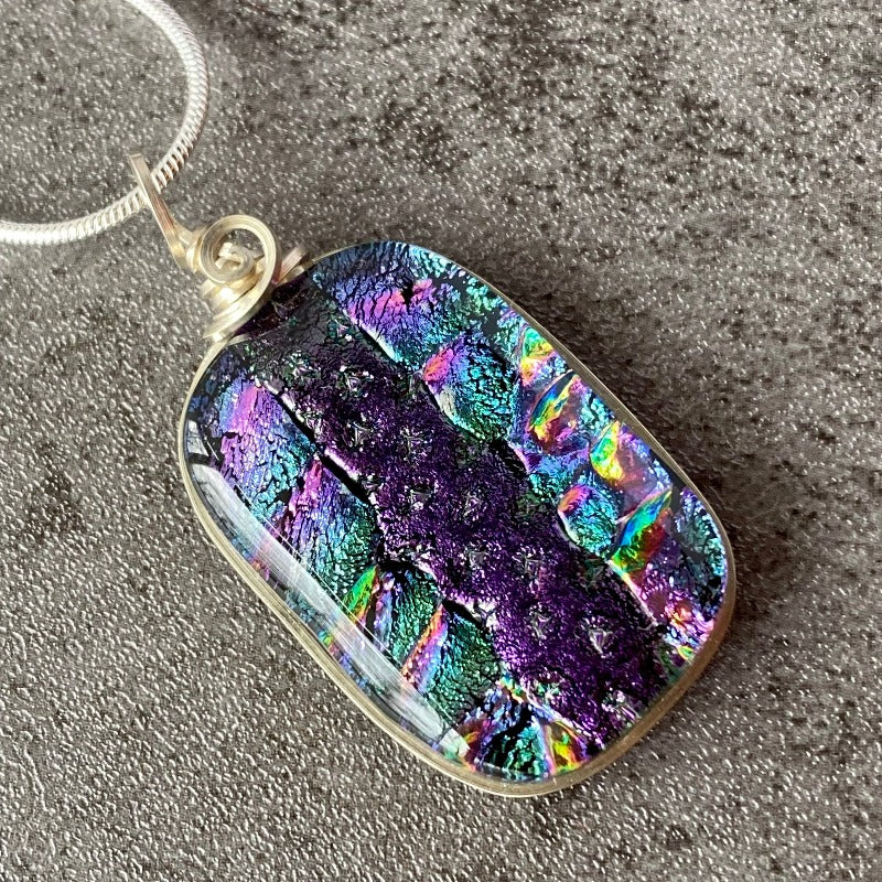 Star Shine, Purple and Multi-color Dichroic Glass Necklace, Silver