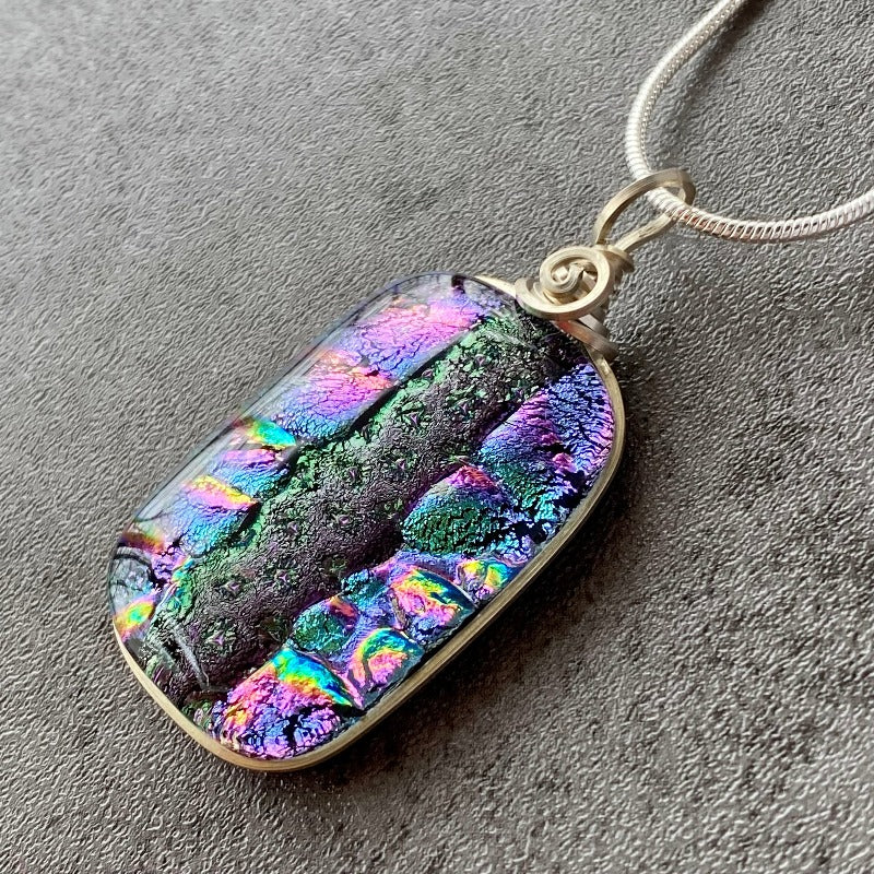 Star Shine, Purple and Multi-color Dichroic Glass Necklace, Silver