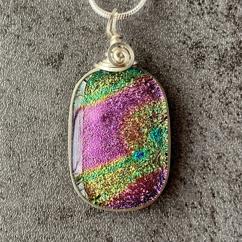 Comet Trail, Pink and Yellow Dichroic Glass Necklace, Silver