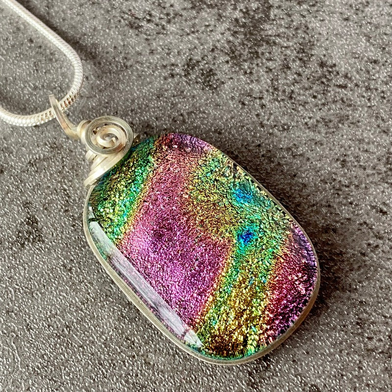Comet Trail, Pink and Yellow Dichroic Glass Necklace, Silver