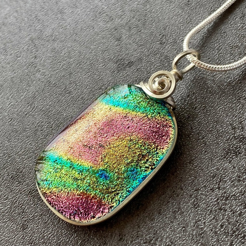 Comet Trail, Pink and Yellow Dichroic Glass Necklace, Silver