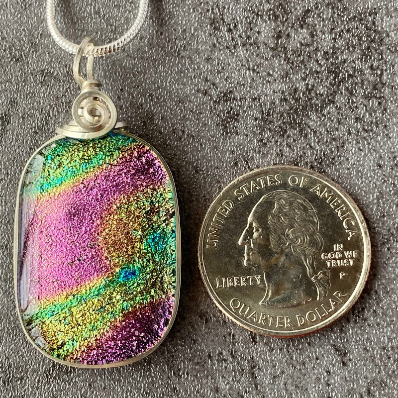 Comet Trail, Pink and Yellow Dichroic Glass Necklace, Silver