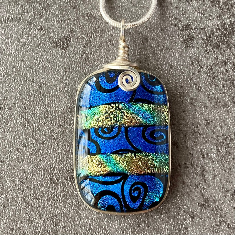 Blue Swirls, Blue Dichroic Necklace, Silver