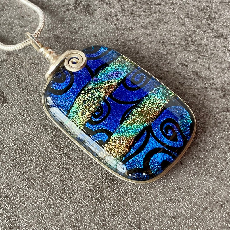 Blue Swirls, Blue Dichroic Necklace, Silver