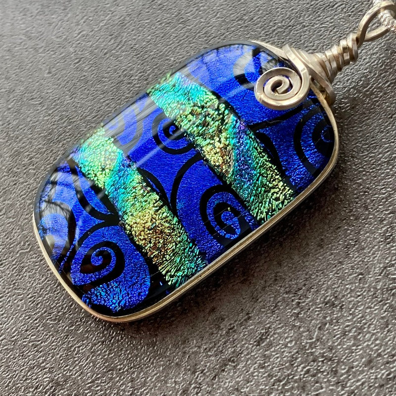 Blue Swirls, Blue Dichroic Necklace, Silver