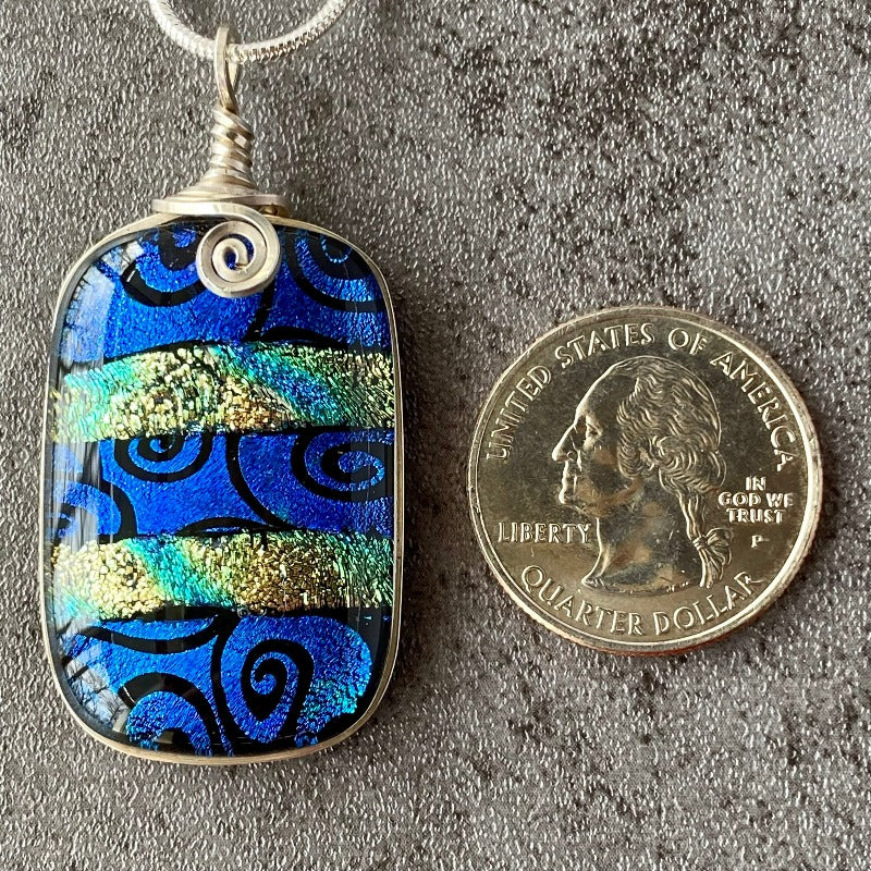 Blue Swirls, Blue Dichroic Necklace, Silver