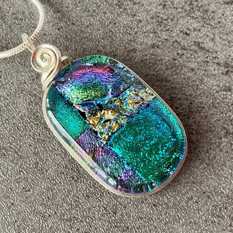 Let's Celebrate!, Blue Dichroic Glass Necklace, Silver