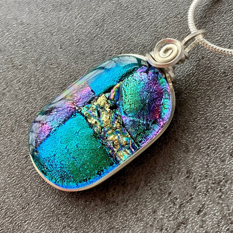 Let's Celebrate!, Blue Dichroic Glass Necklace, Silver