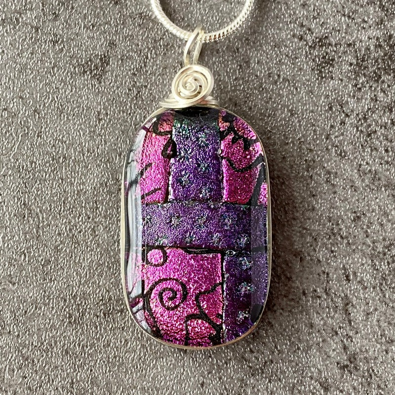 All Dressed Up, Pink and Purple Dichroic Glass Necklace, Silver