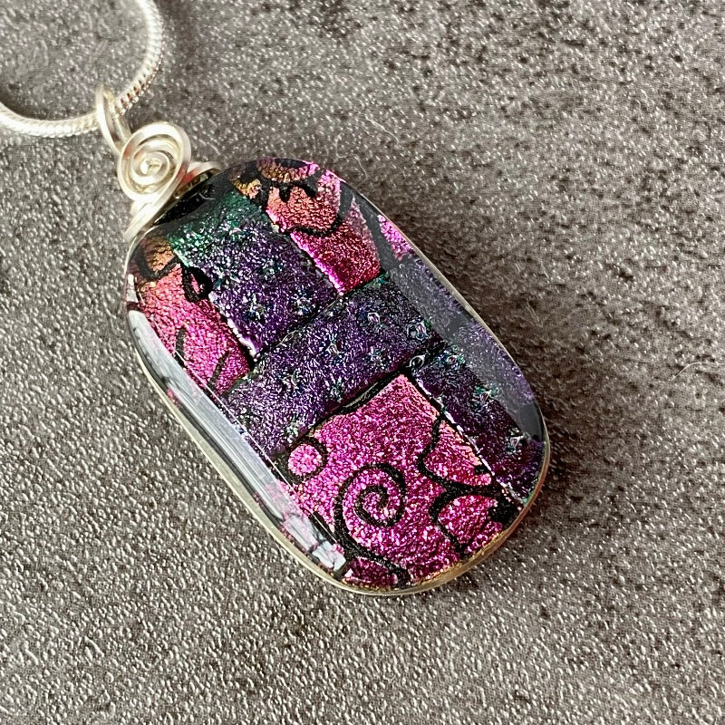 All Dressed Up, Pink and Purple Dichroic Glass Necklace, Silver