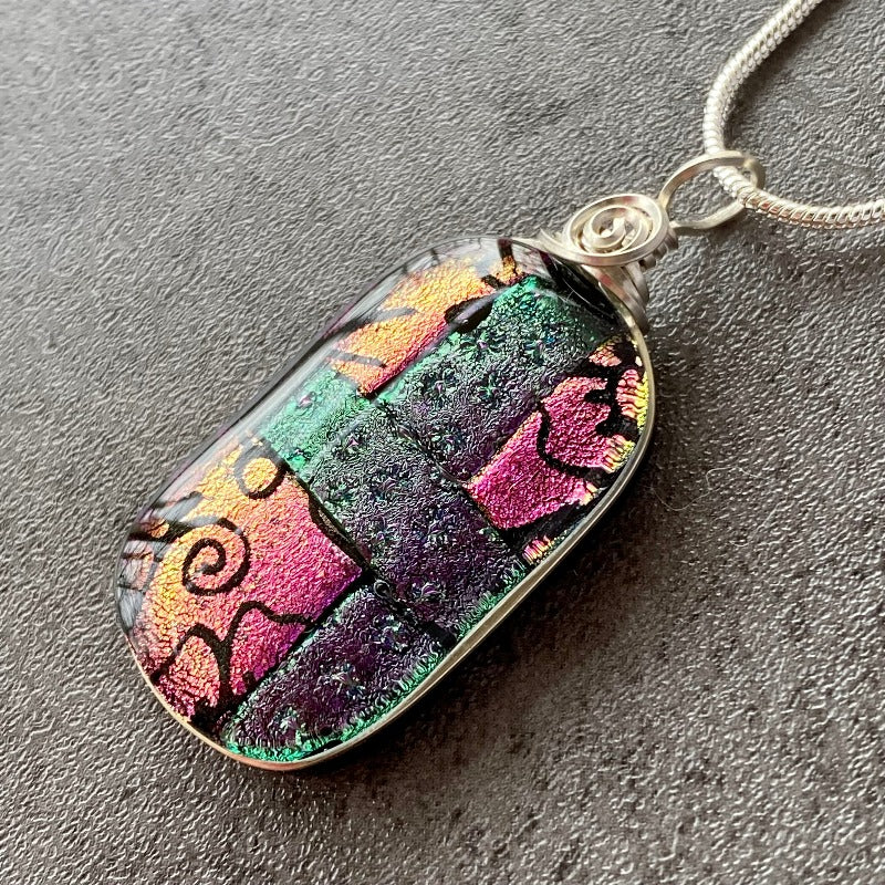 All Dressed Up, Pink and Purple Dichroic Glass Necklace, Silver