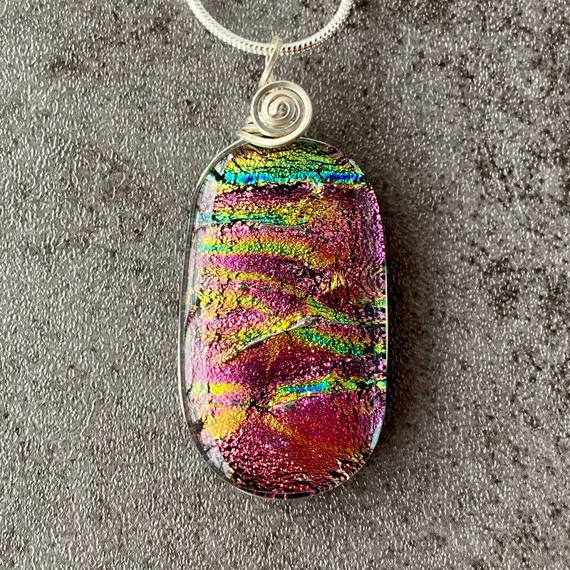 Pink Passion, Pink Dichroic Glass Necklace, Silver