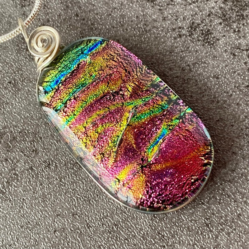 Pink Passion, Pink Dichroic Glass Necklace, Silver