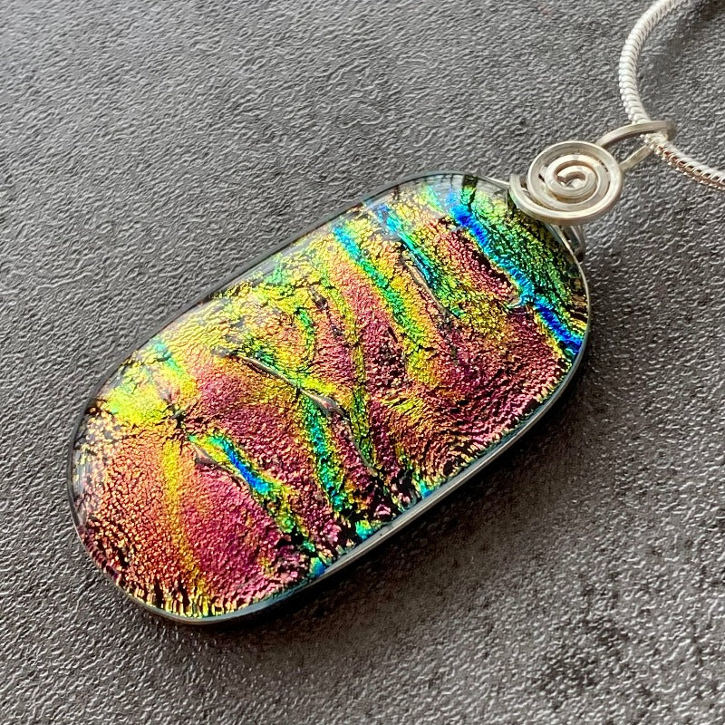 Pink Passion, Pink Dichroic Glass Necklace, Silver