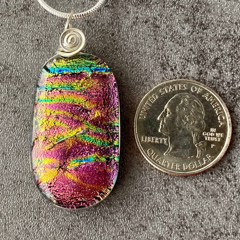 Pink Passion, Pink Dichroic Glass Necklace, Silver