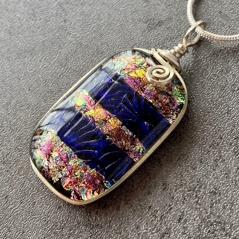Royal Flourish, Blue and Multi-color Dichroic Glass Necklace