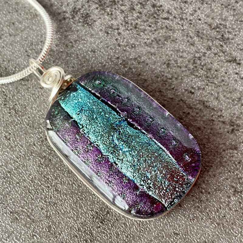 Through The Galaxy, Purple Dichroic Glass Necklace, Silver