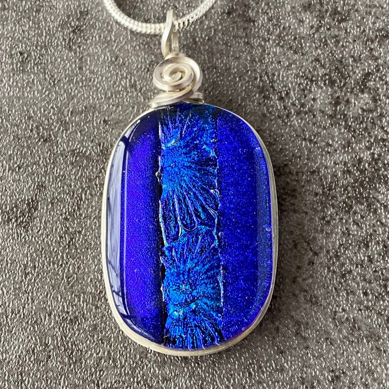 Water Lily, Blue Dichroic Glass Necklace, Silver