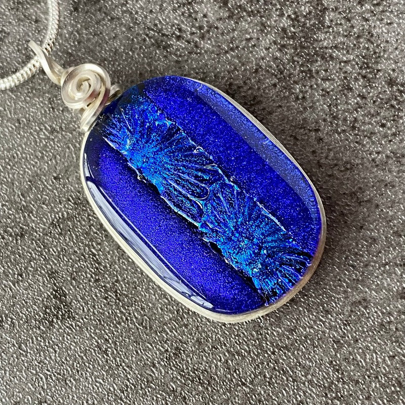 Water Lily, Blue Dichroic Glass Necklace, Silver
