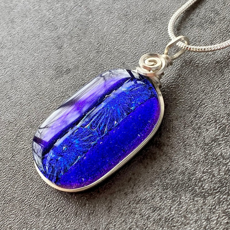 Water Lily, Blue Dichroic Glass Necklace, Silver