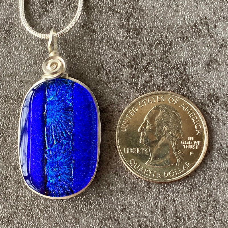 Water Lily, Blue Dichroic Glass Necklace, Silver