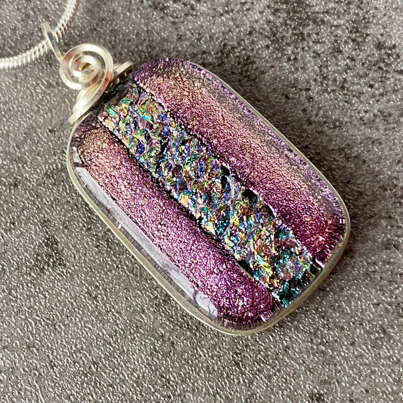 Pixie Dust, Purple Dichroic Glass Necklace, Silver