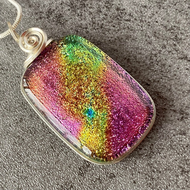 Pink Sky, Pink and Yellow Dichroic Glass Necklace, Silver