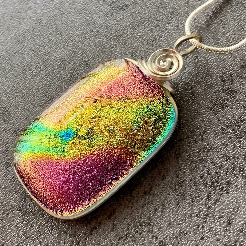 Pink Sky, Pink and Yellow Dichroic Glass Necklace, Silver