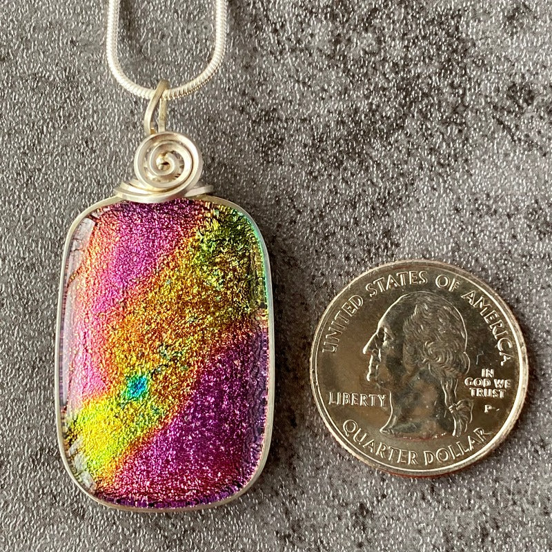 Pink Sky, Pink and Yellow Dichroic Glass Necklace, Silver