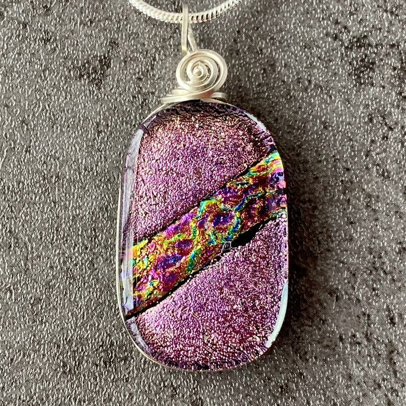 Cotton Candy, Pink Dichroic Glass Necklace, Silver