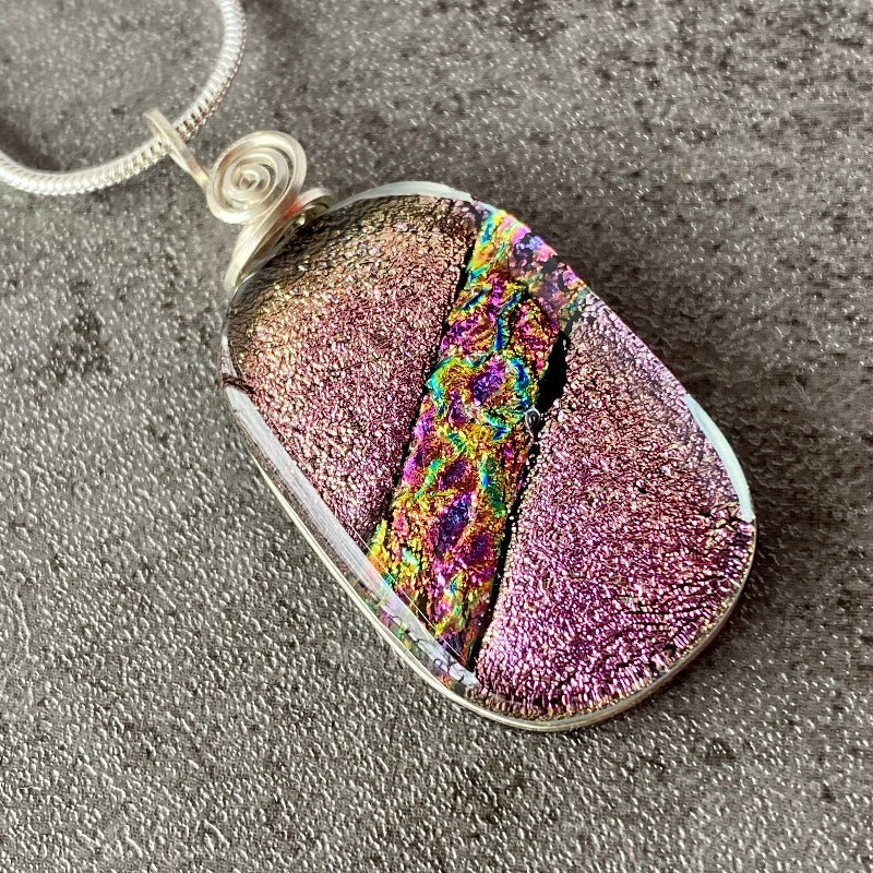 Cotton Candy, Pink Dichroic Glass Necklace, Silver