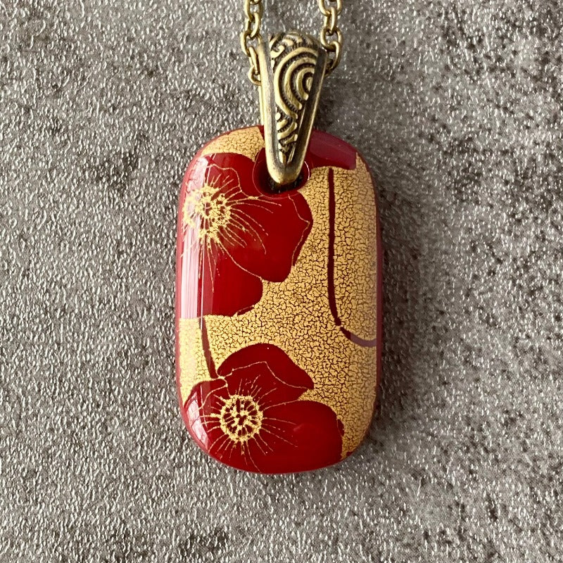 Antiqued Burgundy Poppies, Fused Glass Necklace