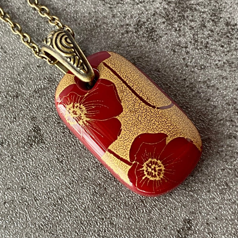 Antiqued Burgundy Poppies, Fused Glass Necklace