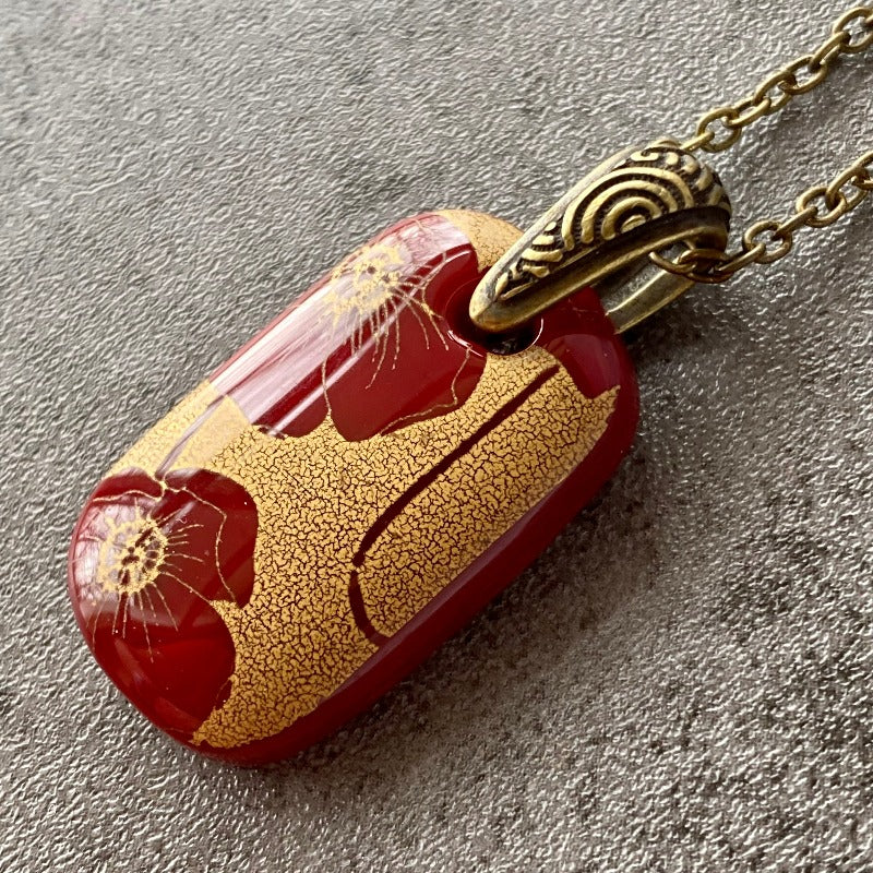 Antiqued Burgundy Poppies, Fused Glass Necklace