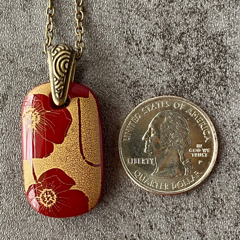 Antiqued Burgundy Poppies, Fused Glass Necklace