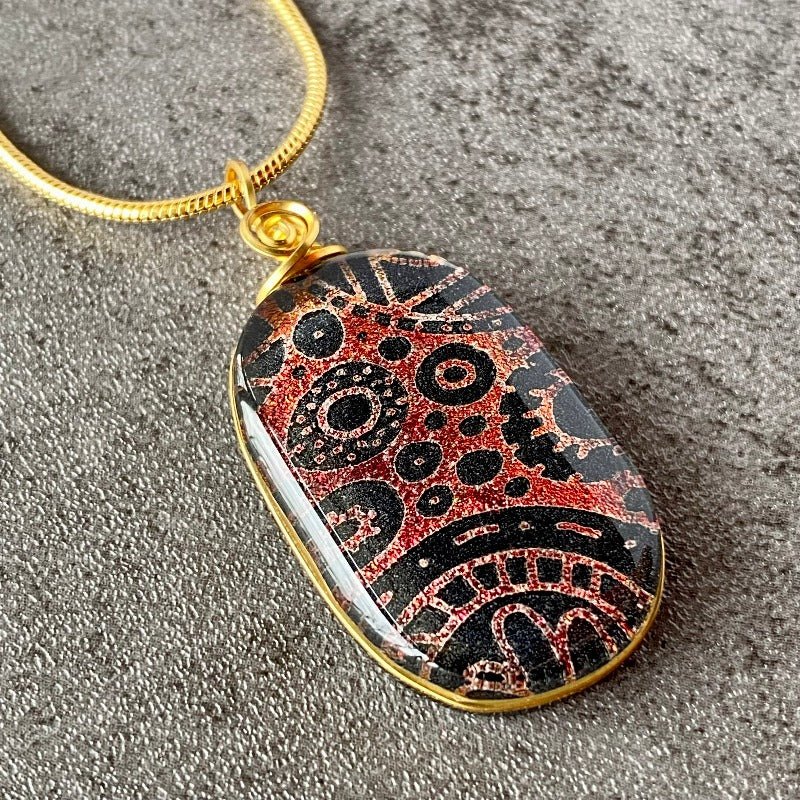 Somewhat Steampunk, Red Dichroic Glass Necklace, Gold