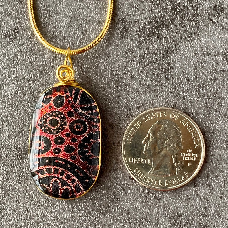 Somewhat Steampunk, Red Dichroic Glass Necklace, Gold