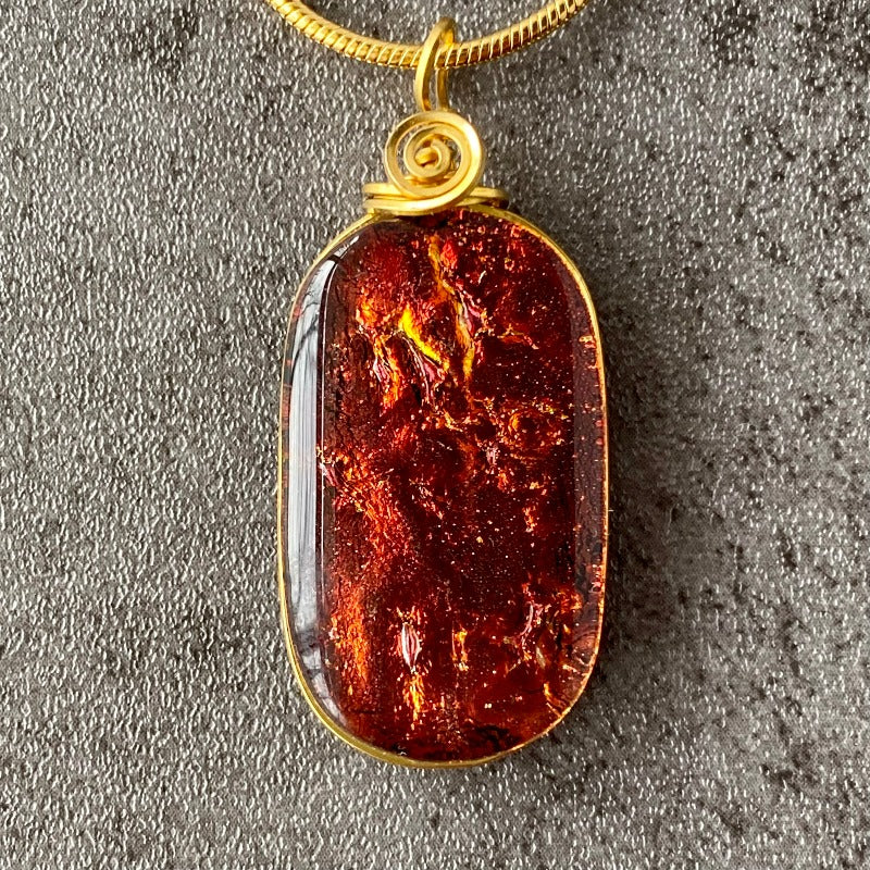 By The Fire, Red Dichroic Glass Necklace, Gold