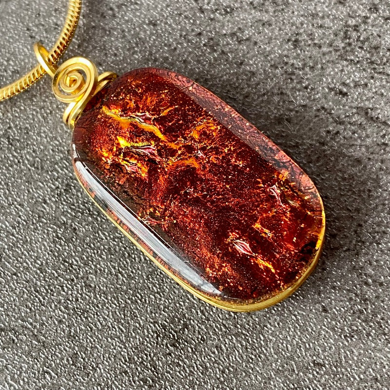 By The Fire, Red Dichroic Glass Necklace, Gold