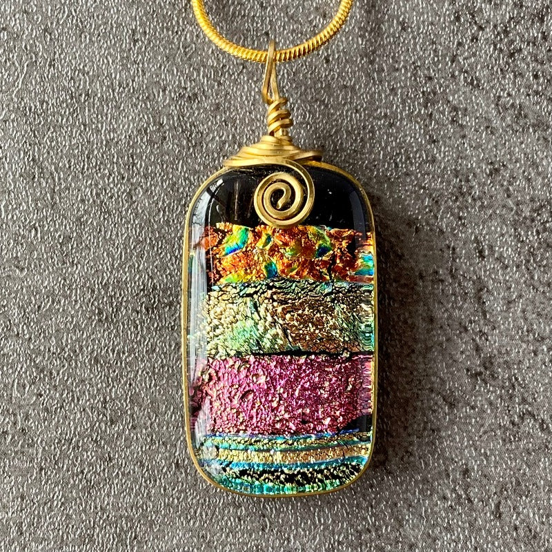 Party Time, Multi-color Dichroic Glass Necklace, Gold