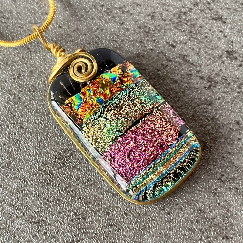 Party Time, Multi-color Dichroic Glass Necklace, Gold