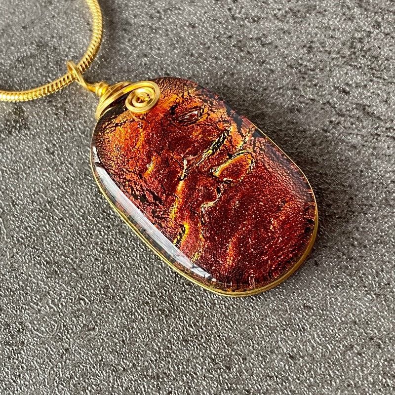 Afterglow, Red Dichroic Glass Necklace, Gold