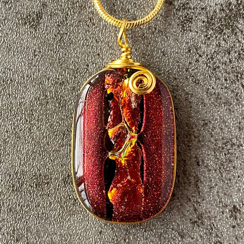 Rose Petals, Red Dichroic Glass Necklace, Gold