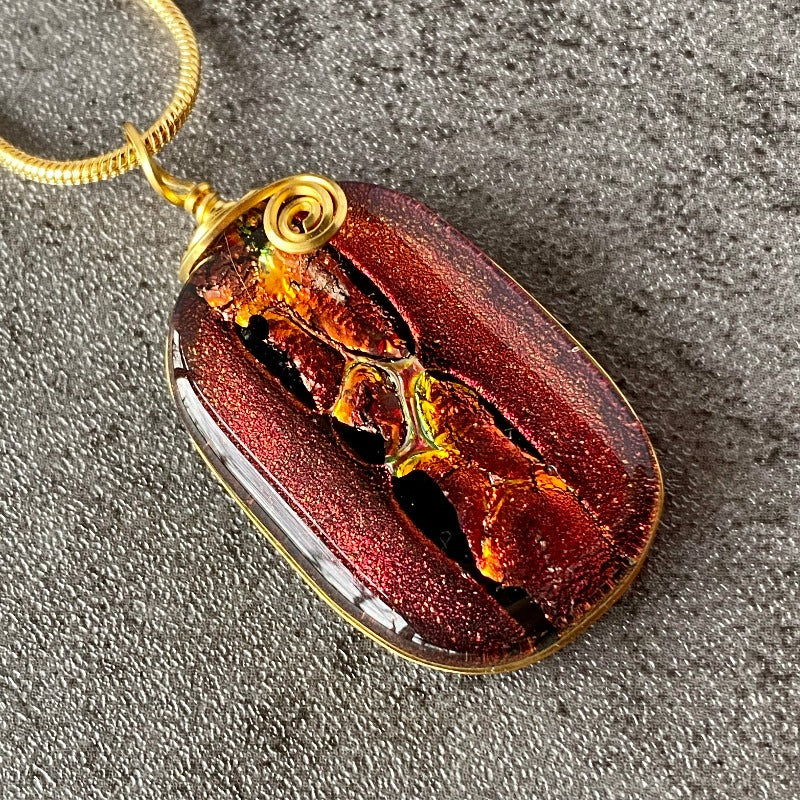 Rose Petals, Red Dichroic Glass Necklace, Gold
