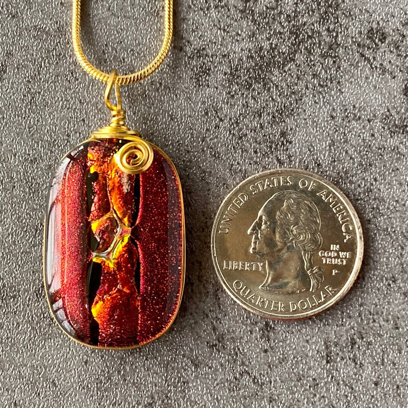 Rose Petals, Red Dichroic Glass Necklace, Gold