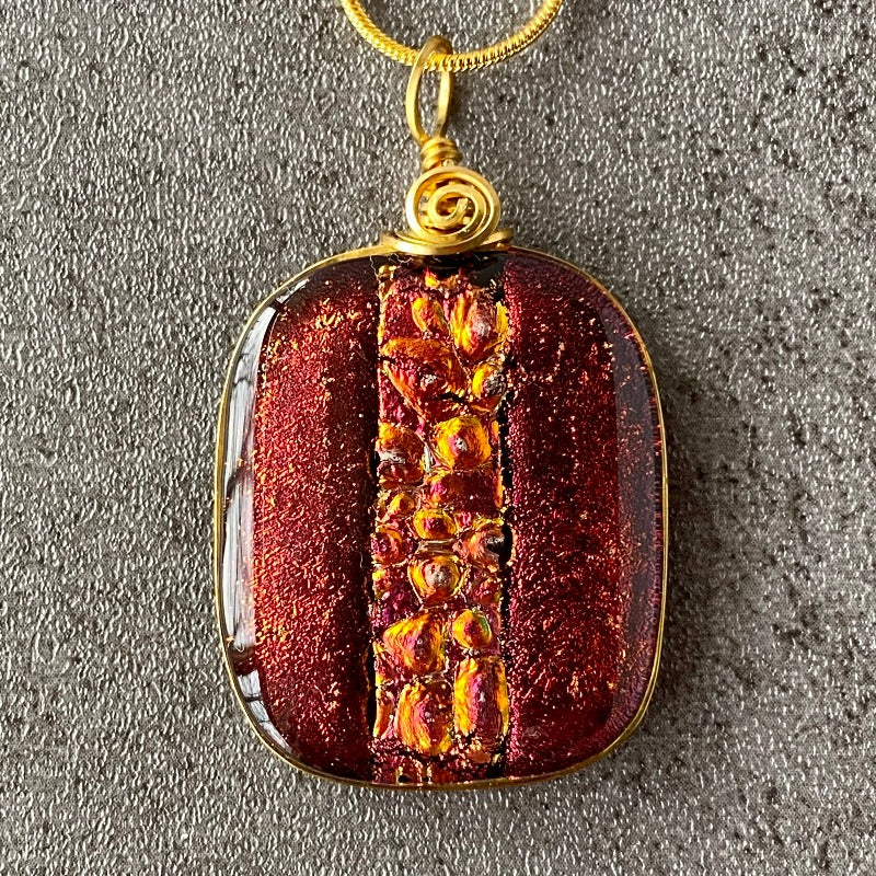 Lady in Red, Red Dichroic Glass Necklace, Gold