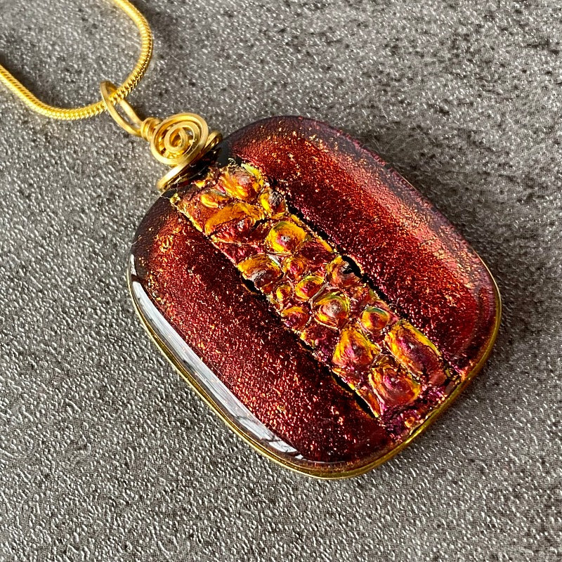 Lady in Red, Red Dichroic Glass Necklace, Gold